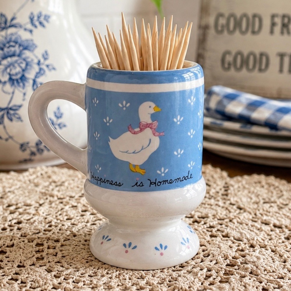 Vintage Happiness is Homemade Goose Ceramic Toothpick Holder Blue Country Decor